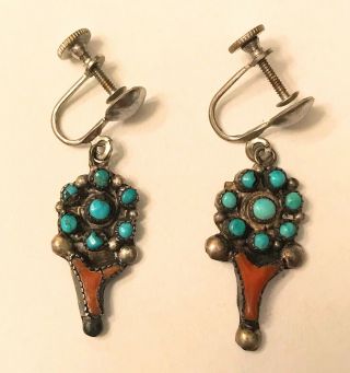 Zuni Pawn Vintage Turquoise Coral Flower Silver Earrings Native American Indian
