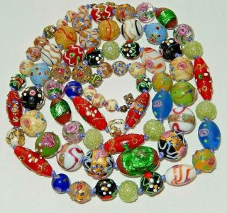 Vintage Art Deco Venetian Murano Lampwork Foil Flower Fancy Glass Bead Necklace