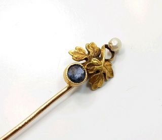 Vintage Art Deco 10k Yellow Gold Pearl Leaf Sapphire? Stick Pin