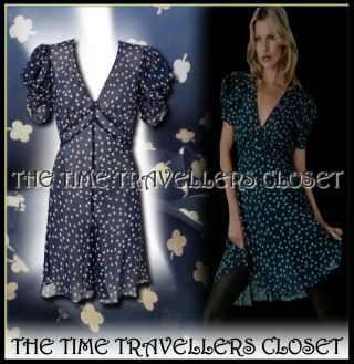 Kate Moss Vintage 40s Ww2 Topshop Navy Blue Beige Clover Tea Dress W/ Slip Uk 12