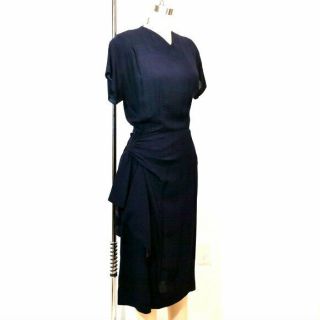 Vintage 1940s Dress Navy Blue Crepe Draped Midi V - Neck Short Sleeve