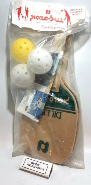 (x2) Diller Pickle Ball Paddle Set Wood 3 Pickleballs Sports Rare Vintage