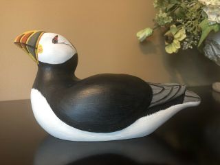Atlantic Puffin Wood Carved Decoy Signed R.  L.  & C.  M.  Nelson