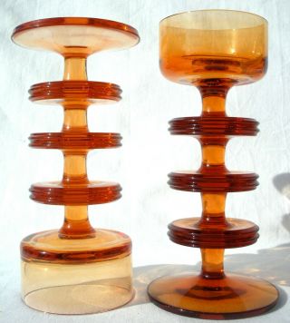 Pair Vtg Wedgwood Amber Glass 3 Disc Candle Holders Ronald Stennett - Willson
