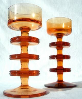 Pair Vtg Wedgwood Amber Glass 3 Disc Candle Holders Ronald Stennett - Willson 2