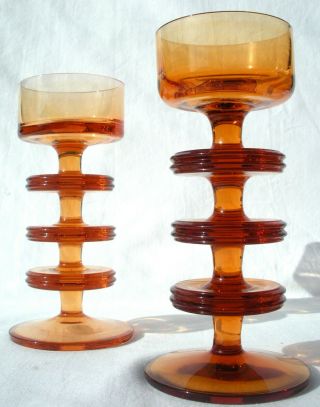 Pair Vtg Wedgwood Amber Glass 3 Disc Candle Holders Ronald Stennett - Willson 3