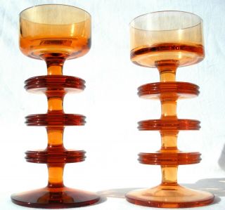 Pair Vtg Wedgwood Amber Glass 3 Disc Candle Holders Ronald Stennett - Willson 4