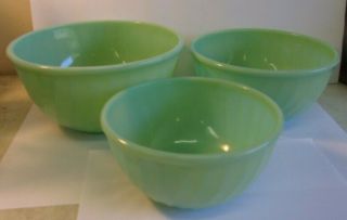 Vintage Fire King Oven Ware Jadite Green Swirl Bowl Set - Set Of 3 Nesting Bowls