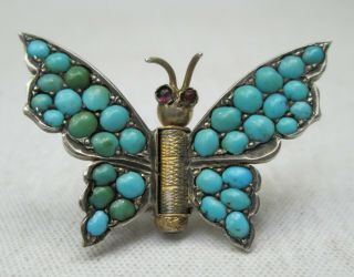Antique Victorian Silver Pave Persian Turquoise Garnet Eyes Brooch Pin Hairclip