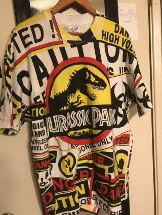 Vintage 1993 Jurassic Park All Over Print T - Shirt Caution Rare