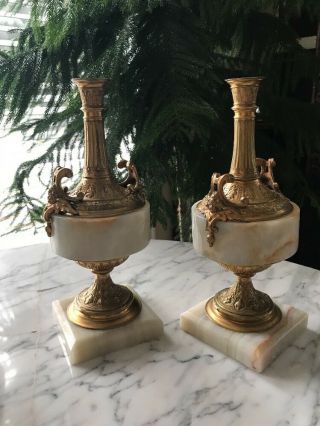 Pair Marble Gilt Bronze Candle Holders Antique French 10.  5” Figural Candelabra