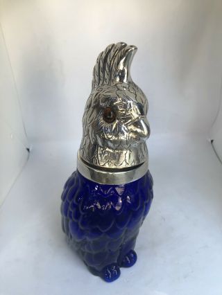 Silver Plated Blue Glass Body Parrot Decanter With Glass Eyes Signed