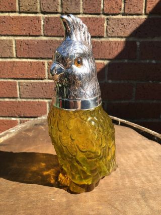 Silver Plated Yellow Glass Body Parrot Decanter With Glass Eyes Signed