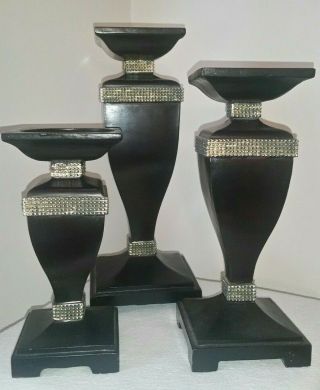 Large Pillar Candle Holders Dark Wood Finish With Antique Silver Trim Set Of 3
