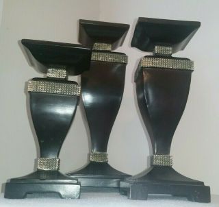 Large Pillar Candle Holders Dark Wood Finish with Antique Silver Trim Set of 3 3