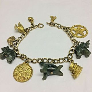 Vintage.  Jade & Gold Charm Bracelet.  Hand Carved Jade Bear,  Seal,  Gold 49th State