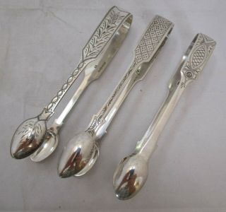 3 Pairs Antique Victorian Engraved Sterling Silver Sugar Tongs,  144 Grams