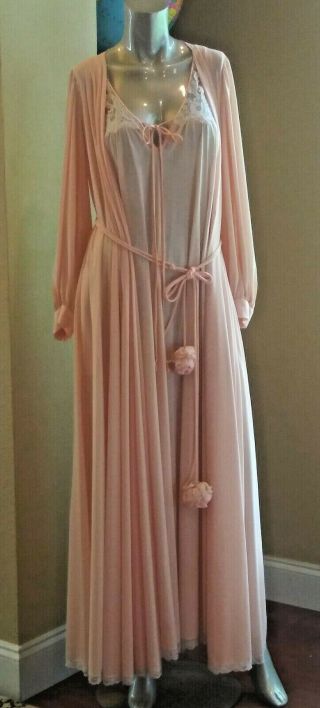 Vintage Nightgown Claire Sandra Lucie Ann Peach Pom Pom Peignoir Set Robe Small