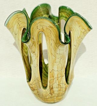 Large Vintage 13.  5 " Italy Green Beige Ruffle Italian Studio Art Glass Vase 5378