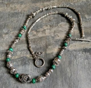 Vintage Mexico 925 Sterling Silver Malachite Graduated Beaded Necklace