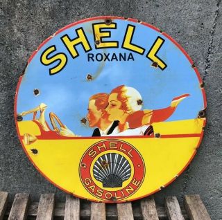 Vintage Shell Roxana Gas Porcelain Sign Oil Gasoline Pump Lubester