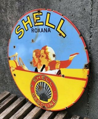 VINTAGE SHELL ROXANA GAS PORCELAIN SIGN OIL GASOLINE PUMP LUBESTER 3