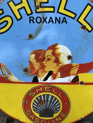 VINTAGE SHELL ROXANA GAS PORCELAIN SIGN OIL GASOLINE PUMP LUBESTER 6