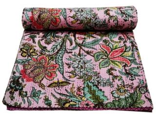 Floral Vintage Queen Quilt Kantha Coverlet Bedding Blanket Bedspreads Throw
