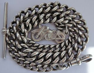 Fabulous Victorian Solid Silver Pocket Watch Albert Chain & Silver Motorbike Fob