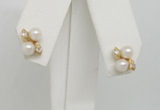 Small 14k Yellow Gold 3.  5mm Cultured Pearl Natural Diamond Stud Elegant Earrings