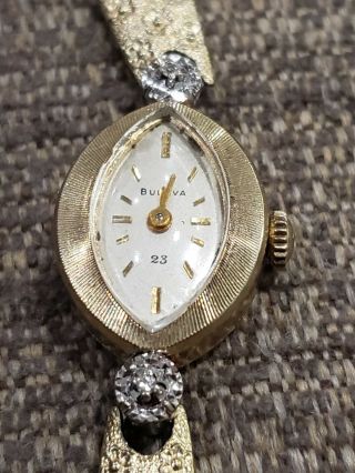 Ladies Vintage Bulova 23 Jewel 14k Watch With Diamonds & 10k Speidel Band.