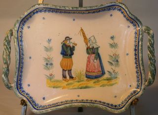 Rare Antique Hr Quimper Ceramic Tray Brittany France Henriot Marriage Love