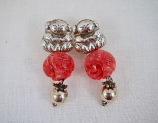 Amy Kahn Russell Sterling Silver Lotus Boy Cherry Red Peking Glass Earrings