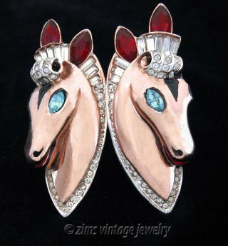 Vintage Coro Craft Gold Sterling Silver Enamel Horse Rhinestone Duette Clip Pin