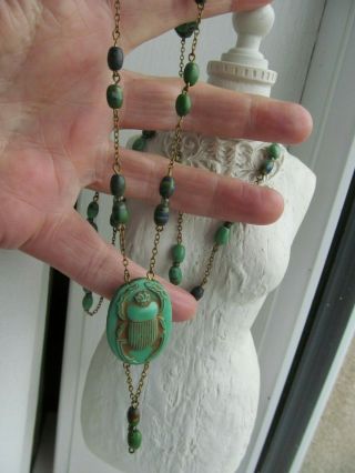 Czech Art Deco Egyptian Revival Green Glass Scarab Bead Necklace 1920`s