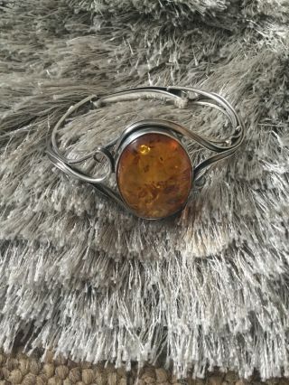 Vintage Hallmarked 925 Silver Large Amber Pretty Patterned Bangle Cuff