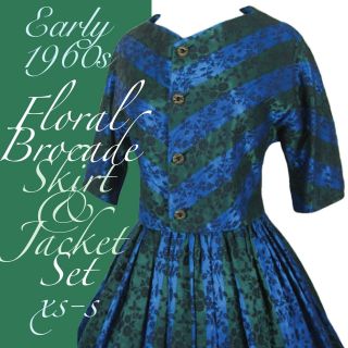 Late 1950s - Early 1960s Blue Green Brocade Suit Set - 50s - 60s Skirt And Jacket