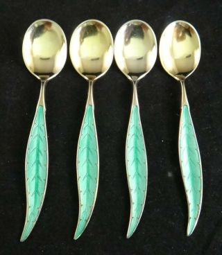 4 Vintage Northern European Sterling Silver Coffee Spoons Enamel & 23k Gold Wash