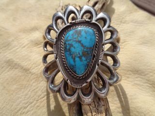 Vtg Navajo Sand Cast Sterling Silver & Turquoise Cuff/bracelet Stunning 74 Gr.