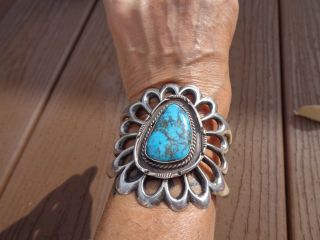 VTG Navajo Sand Cast Sterling Silver & Turquoise Cuff/Bracelet Stunning 74 gr. 4