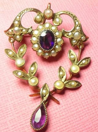 Antique Edwardian Gold Amethyst Seed Pearl Lavaliere Pendant Brooch Pin