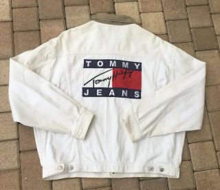 Vintage Tommy Hilfiger Mens White Denim Jacket Big Flag Spell Out Size Xl 90s