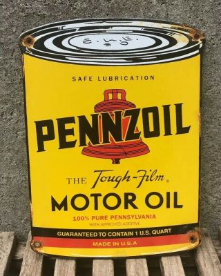 Vintage Pennzoil Porcelain Sign Gas Service Station Pump Plate Motor Oil Can