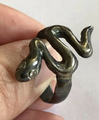 Vintage Sterling Silver Snake Ring,  Diamond Eyes