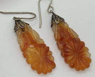 Vintage Antique Chinese Sterling Carved Carnelian Earrings