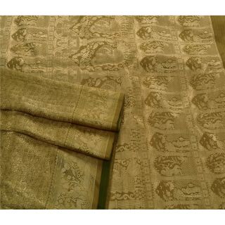 Sanskriti Vintage Green Heavy Saree Pure Silk Craft Fabric Woven Baluchari Sari 3