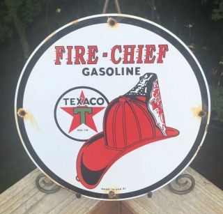 Old Vintage 1951 Texaco Fire - Chief Porcelain Enamel Oil Gas Fuel Pump Sign