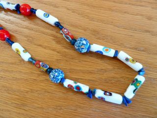 28 1/2 " African Trade Bead Necklace G Venetian Square White Beads W/ Red Blue