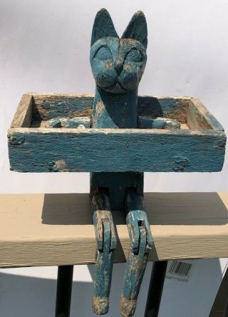 Antique Folk Art Carved Wooden Jointed Legs Cat Box Bird Feeder Orig Blue Paint