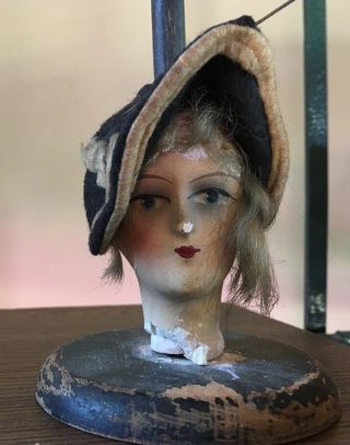 Antique Boudoir Hand Painted Paper Mache Doll Head Hat Stand 91/2 
